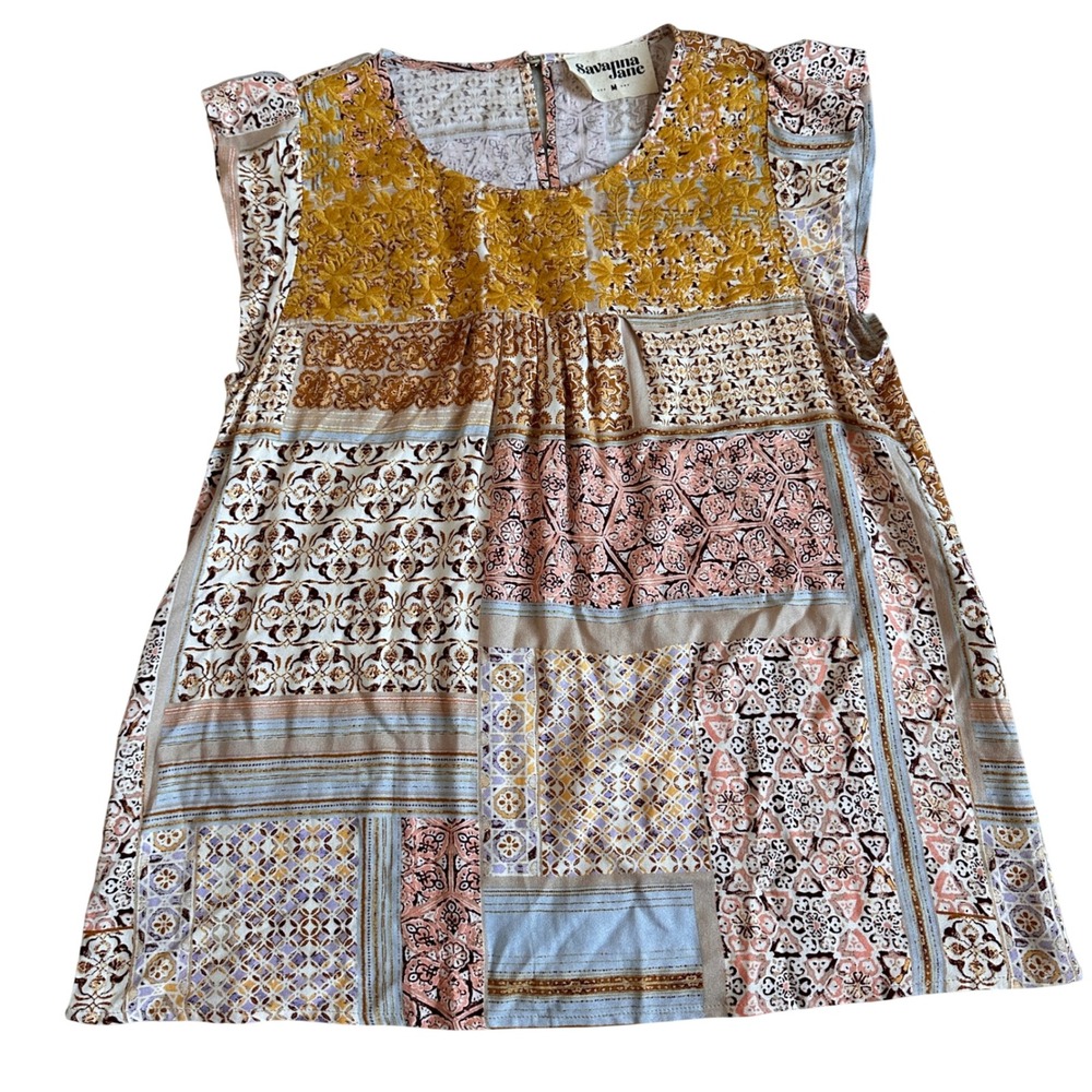 Savanna Jane Patchwork Floral Embroidered Blouse Womens M Cottagecore Boho Flowy